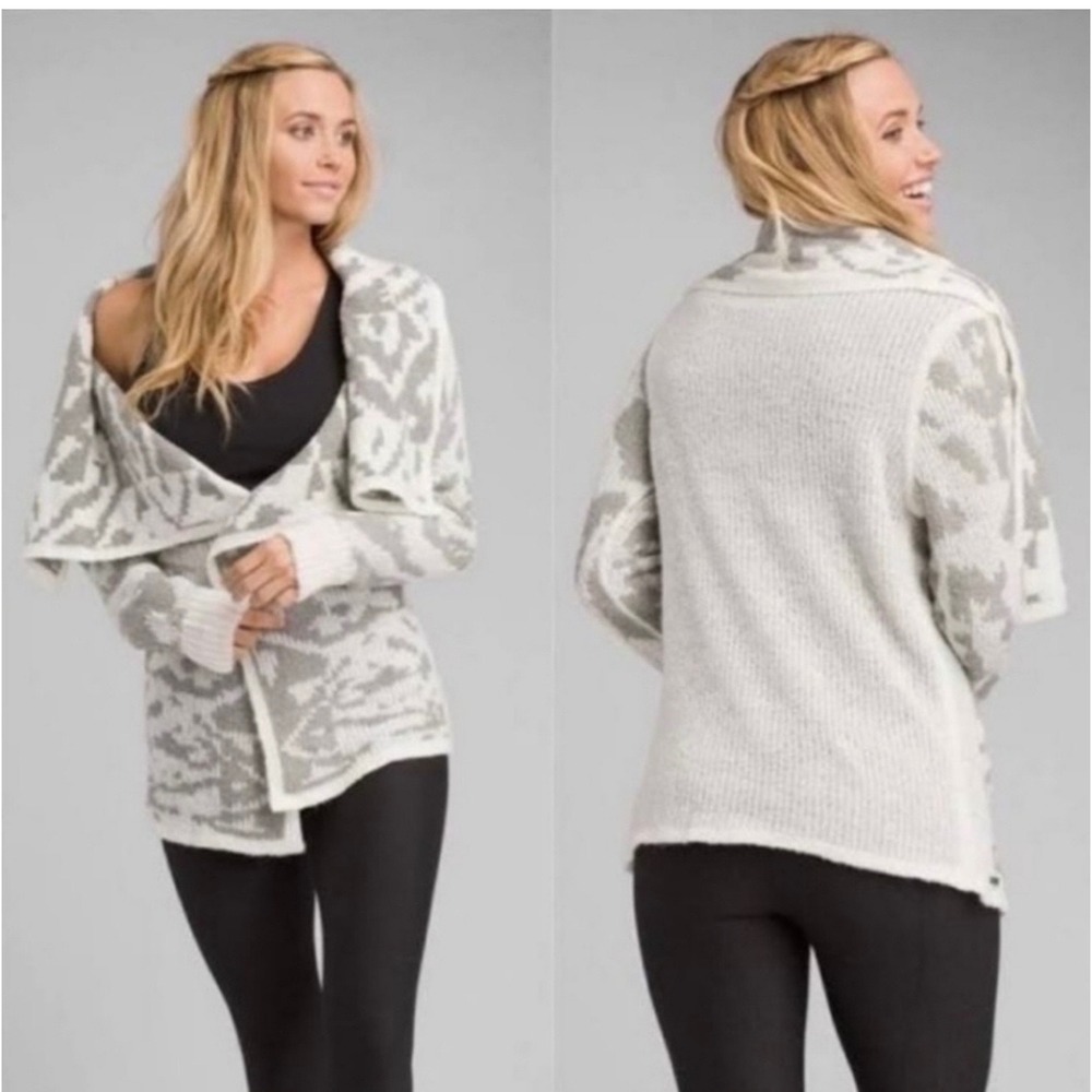 Prana Womens Bone Gray Alberta Reversible Cardigan Aztec Shawl Collar Sweater L